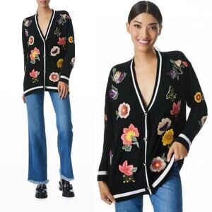 Alice + Olivia Bradford Embroidered Floral Grandpa Cardigan Black Size Medium